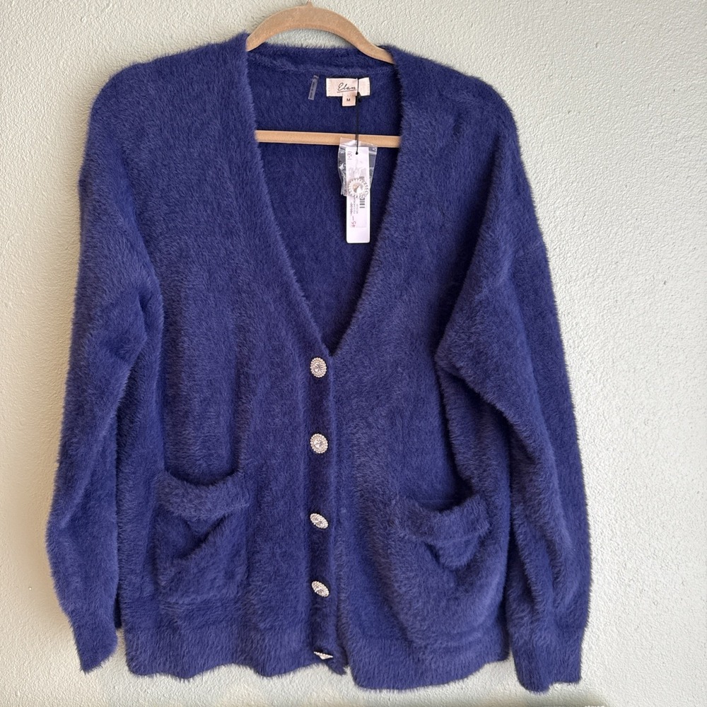 Edén Women's Navy Cardigan Sweater W/ Rhinestone Buttons M Classic Old Money New